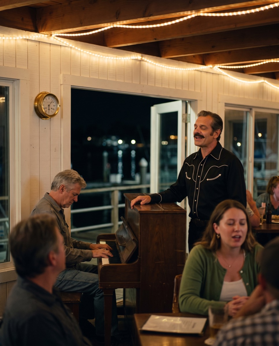 A man in a black pearl-snap shirt stands beside an upright piano in a dim bar, eyes closed, a grey-haired man playing beside him, string lights overhead, a dark river visible through open doors.
