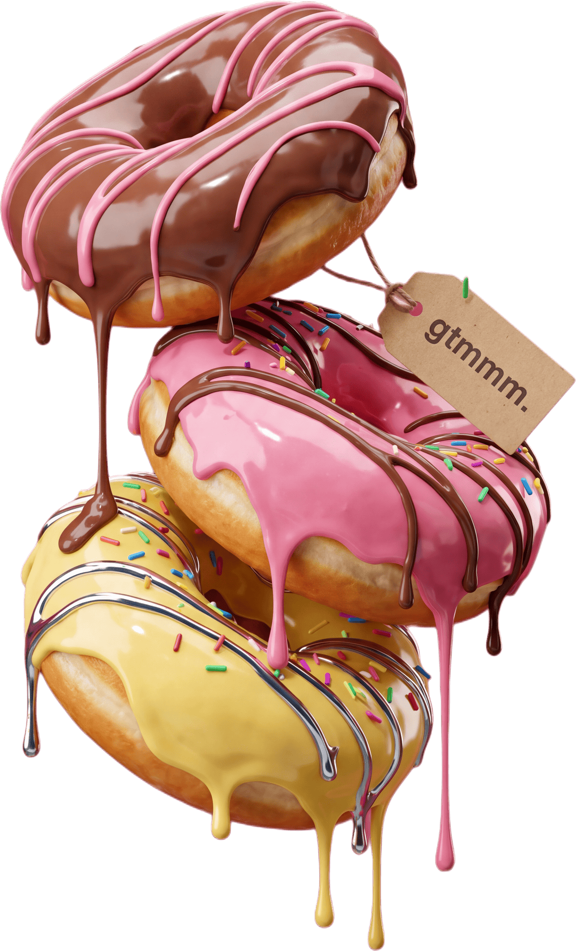 A stack of three glazed donuts: chocolate with pink drizzle on top, sprinkled pink in the middle, butter yellow with chrome stripes on the bottom.
