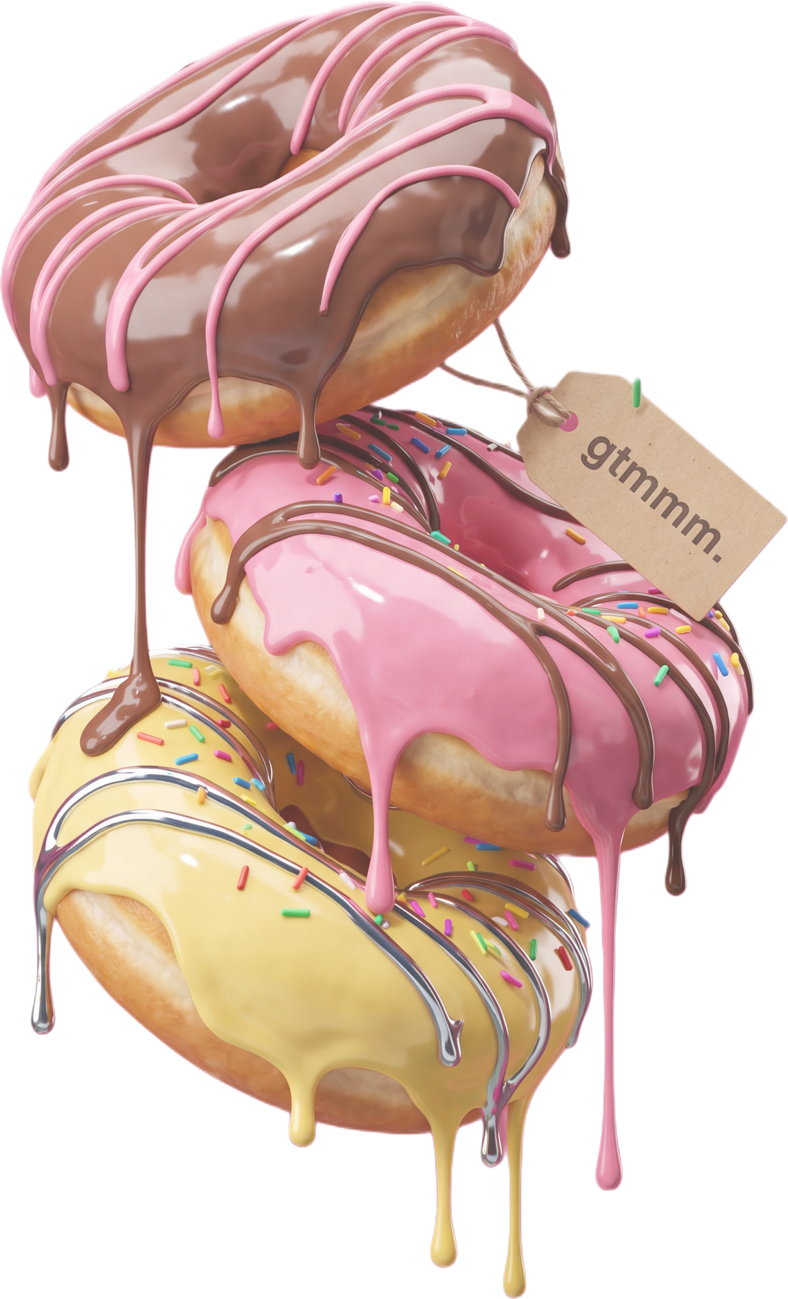A floating stack of three glazed donuts — chocolate with pink drizzle on top, sprinkled pink with chocolate drips in the middle, butter yellow with chrome stripes on the bottom — drips cascading downward, sprinkles scattered around. A small kraft tag stamped 'gtmmm.' hangs to the side.